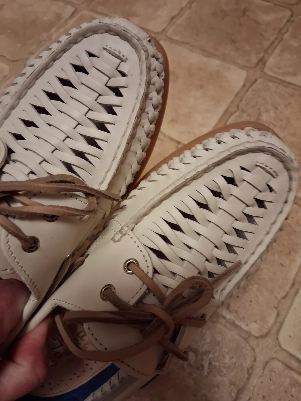 Sperry Cream Woven Leather Flats with Tan Laces